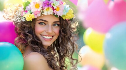 Woman in festive attire with spring corsage, celebrating Women's Day amidst balloons and banners