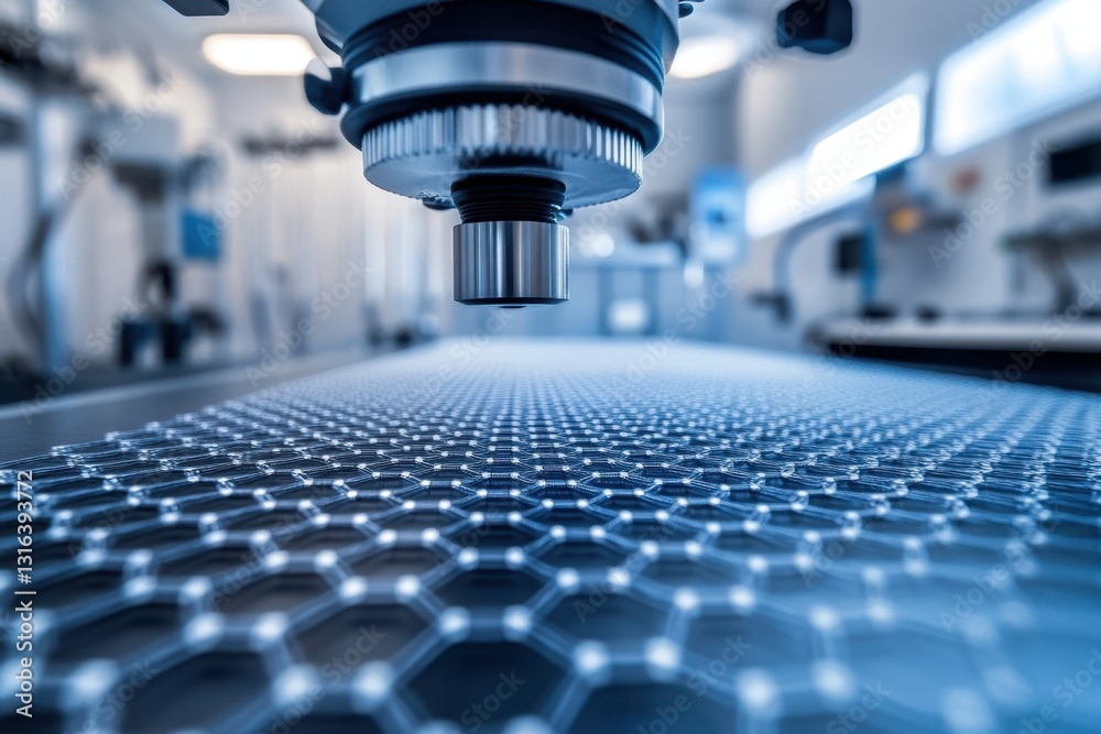 Poster high-tech microscope analyzing hexagonal structures in a laboratory setting
