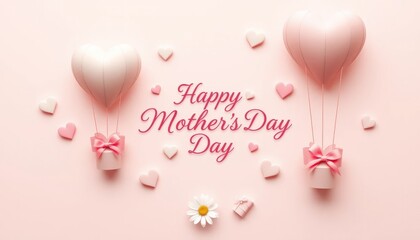 Happy Mothers Day Pink Heart Balloons and Gifts Flatlay