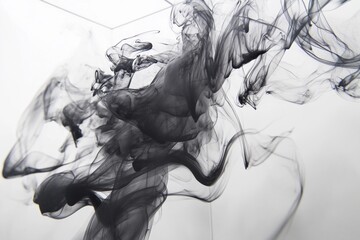 Elegant black smoke swirls create dynamic abstract patterns on a white background