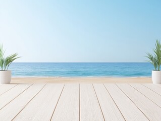 Fototapeta premium Serene beach view with wooden deck and potted plants under clear sky
