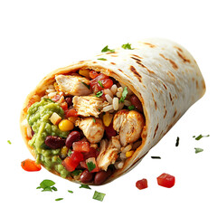 A Fresh Chicken Burrito with Beans Rice Salsa and Guac Isolated on Transparent Background