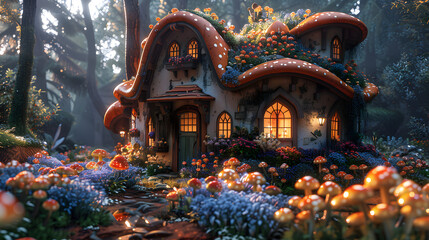 Fototapeta premium Enchanted cottage surrounded by vibrant flowers and mushrooms in a mystical forest setting