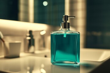 Bottle of fresh mouthwash on washbasin in bathroom, closeup. Toothcare and fresh breath concept