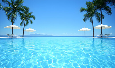 Obraz premium Serene Poolside View with Tropical Palms and Sunshade Umbrellas