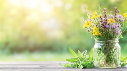 Delicate wildflowers brighten a rustic table in a peaceful outdoor atmosphere filled with greenery