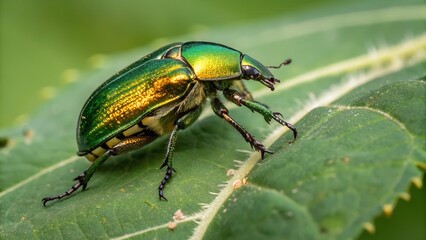 Golden Green Beetle on Leaf: A vibrant close-up of a rose chafer beetle, showcasing its iridescent golden-green shell and intricate details, perched delicately on a lush green leaf.