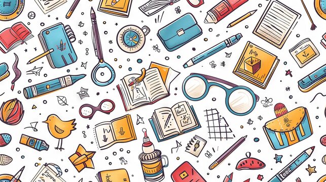 Vibrant back to school doodle seamless pattern featuring hand-drawn supplies and playful academic elements in a creative vector design. - Powered by Adobe