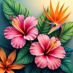 Bird of Paradise Flower with Fern Leaves &ndash; Tropical Botanical Art