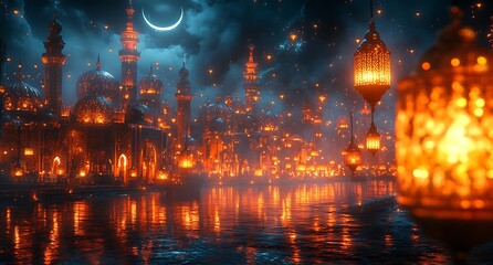 Glowing Cityscape at Night with Lanterns and Crescent Moon Reflection