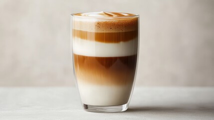A vibrant latte macchiato, its layers cascading like a miniature waterfall, is captured in a modern double-walled glass shot from a frontal perspective, set against the pristine backdrop of a stark