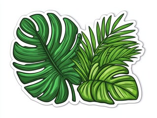 Vibrant green tropical leaves arranged artistically against a white background