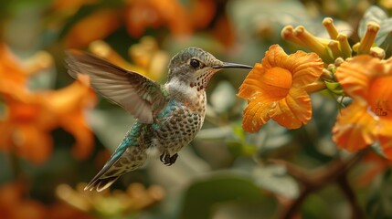 Fototapeta premium Hummingbird feeding on vibrant orange flowers. A tiny creature enjoying nature's sweetness.