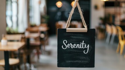 A cozy cafe setting featuring a sign that reads "Serenity" creating a peaceful atmosphere with warm wooden furniture and soft lighting.