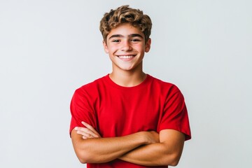 Teenager boy wearing red t-shirt over white isolated background happy face smiling with crossed arms looking at the camera. Positive person