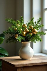 A vase filled with golden bells and evergreen pine branches placed on a rustic wooden sideboard, decoration, festive, holiday