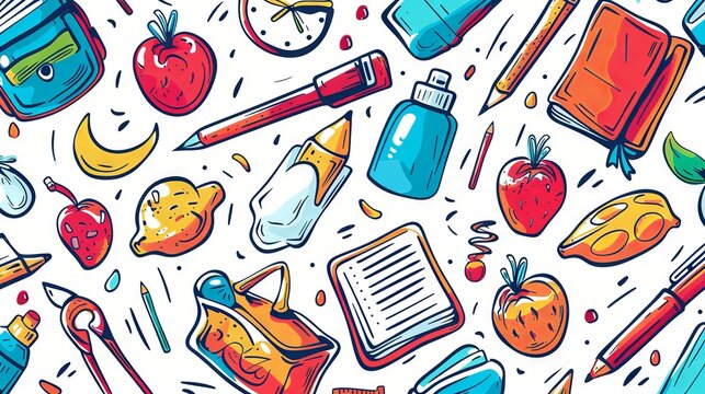 Vibrant back to school doodle seamless pattern featuring hand-drawn supplies and playful academic elements in a creative vector design.