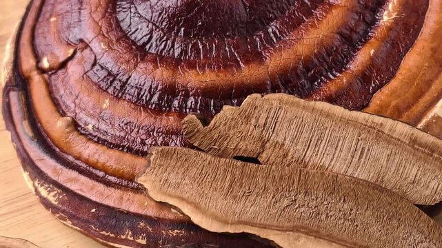 Dried sliced ​​lingzhi mushrooms in a basket