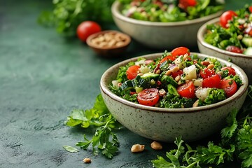 Fresh kale salad with cherry tomatoes, cucumber, and pine nuts in bowls.