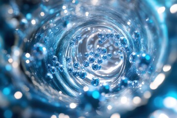 Glimmering water droplets swirling in a tunnel of motion and light underwater