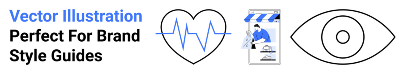 Heartbeat inside heart symbol, eye outline, and storefront emphasize health, vision, and entrepreneurship. Ideal for healthcare, vision care, startups, branding technology marketing flat landing