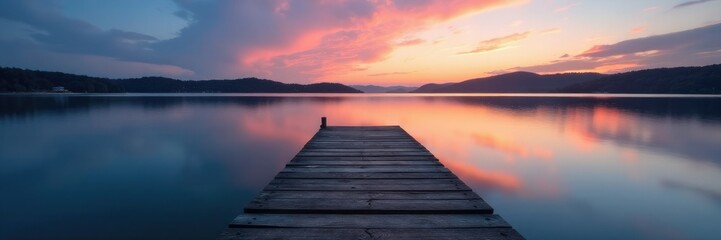 Naklejka premium A wooden dock stretches into the serene lake waters at dusk, sky, reflection