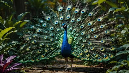 Obraz premium Peacock with Fully Opened Feathers in a Lush Forest