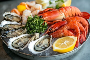 Fresh seafood platter with lobster, shrimp, oysters, and lemon.