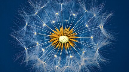 Naklejka premium Dandelion Seed Head Close-Up: Digital Illustration on a Deep Blue Background AI Generated
