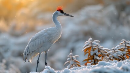 Fototapeta premium White crane in snowy landscape at sunrise. A majestic bird stands amidst the winter scene.