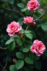 clusters of pink roses with thorny stems on a tangled, overgrown vine, growth, wilderness, vines
