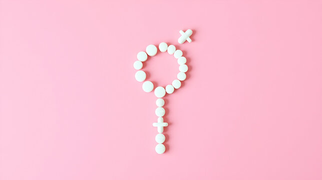 Women's health concept. Female hormones of estrogen: estradiol, estriol and progesterone. Gender symbol made of pills on a pink background. Female sign.