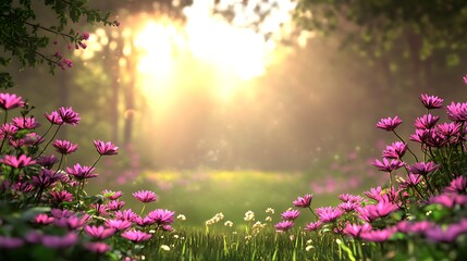 Obraz premium Pink flowers bloom in a sunlit forest, with light rays through the trees; for tranquility