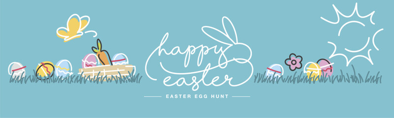 Happy Easter line design handwritten calligraphy typography lettering text. Easter line art design with bunny, colorful eggs, flowers, butterflies in grass spring on sea green background.ai