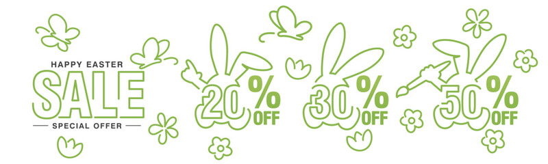 Happy Easter Sale special offer 20 30 50 percent off green banny negative space discount line art outline numbers stickers white background.ai