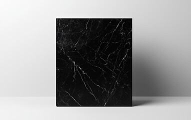 Elegant black marble slab showcasing intricate white veins in minimalist setting against light background