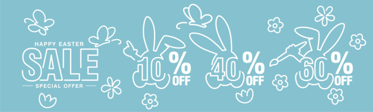 Happy Easter Sale special offer 10 40 60 percent off green banny negative space discount line art outline numbers stickers sea green background.ai