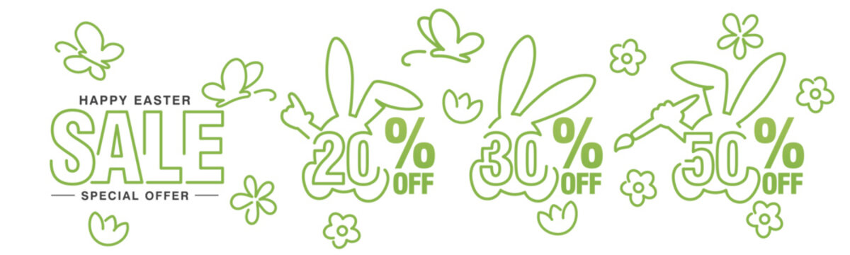 Happy Easter Sale special offer 20 30 50 percent off green banny negative space discount line art outline numbers stickers white background.ai