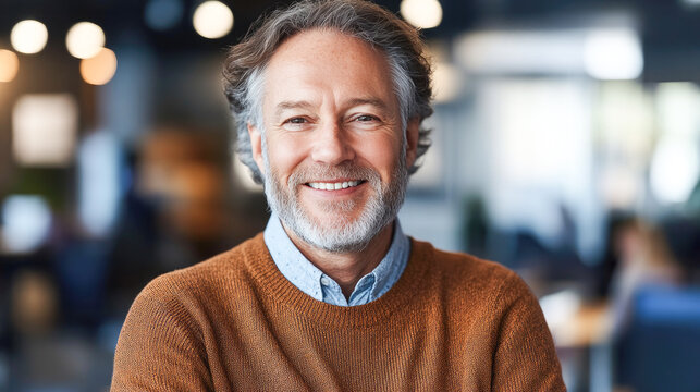 A cheerful older man with a beard and curly hair wearing a cozy sweater, exuding warmth and approachability in a modern workspace setting.