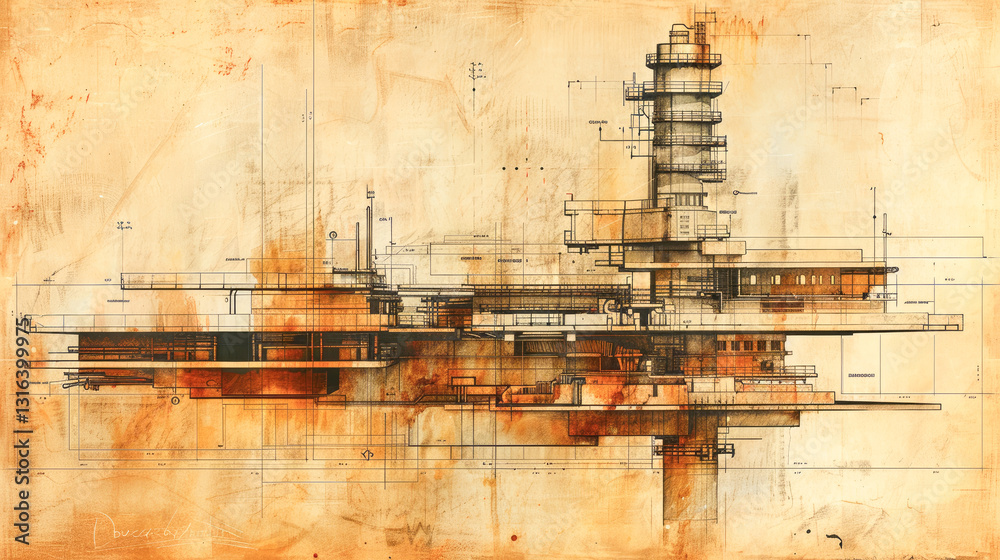 Poster the image presents a blueprint of a futuristic architectural design, highlighting innovative structu