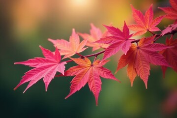 Colorful pink and green maple leaves on a branch, branches, leafy, pink