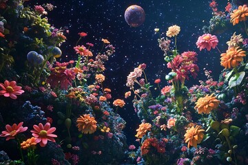 Naklejka premium Blooming planet full of vibrant flowers set against a cosmic backdrop
