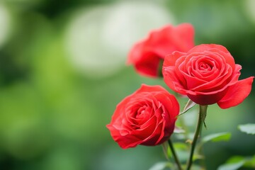 Fototapeta premium A stunning close-up of lush red roses, surrounded by soft green foliage, capturing the beauty of nature in bloom.