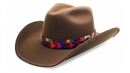 Brown Cowboy Hat with Colorful Band on White 