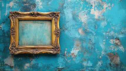 A faded vintage photo frame, its golden edges adorned with intricate carvings, rests against a serene blue backdrop, whispering tales of bygone eras and cherished memories.