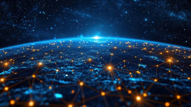 Global network of satellites orbiting Earth, representing international communication policies, strategic direction, and interconnected networks