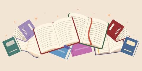 vector illustration of a book, Open book, the flying books style. Happy world book day banner. Concept of reading and literature.