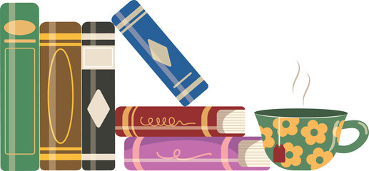 Stack of books with a cup of tea, Concept of reading and literature. Education and knowledge vector concept.