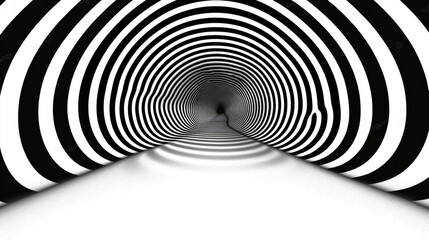 Abstract Monochromatic Tunnel with Converging Black and White Lines Creating Optical Illusion and Spatial Depth