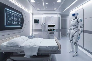 Futuristic hospital room featuring a humanoid robot assisting with patient care